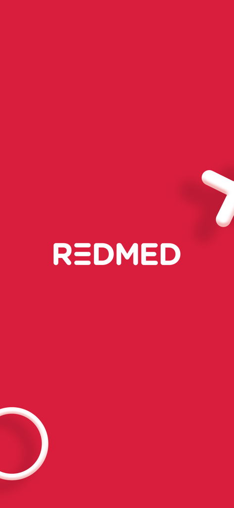 REDMED for Doctors App Splash Screen mit dem weißen Logo auf rotem Hintergrund mit minimalistischen geometrischen Formen.