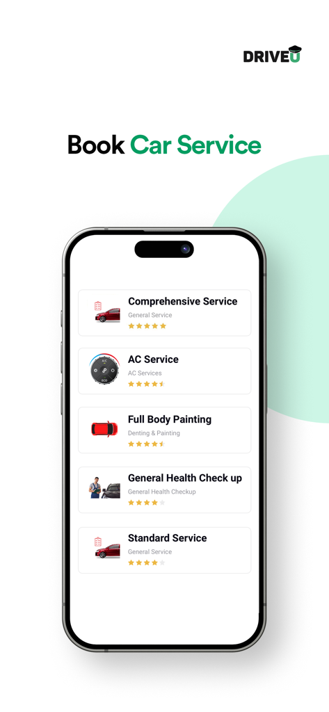 DriveU: Car Drivers & Services - DriveU app interface showing various car maintenance service options on a smartphone screen