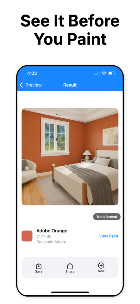 Uma tela de smartphone mostrando a transformação de um quarto com as paredes visualizadas em Adobe Orange usando o aplicativo Visualizador de Cores de Tinta.