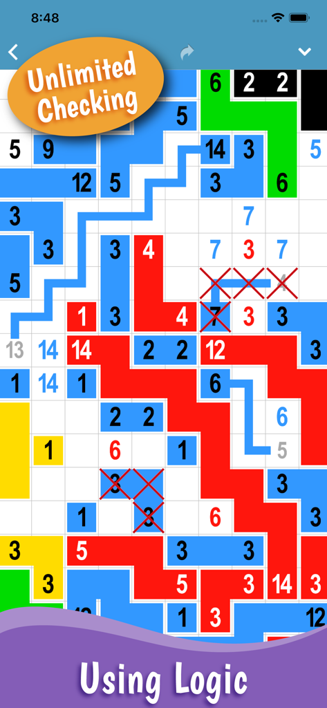 Pantalla del juego Link-a-Pix con un colorido puzle de lógica de unir números.