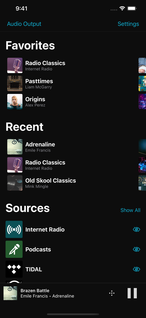 MusicLife - MusicLife app home screen showing favorites recent tracks and music sources including Tidal and Internet Radio