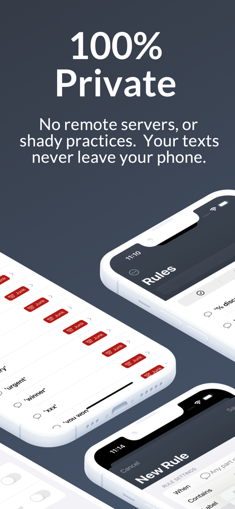 Bouncer app interface highlighting 100% private on-device spam text filtering and custom rules