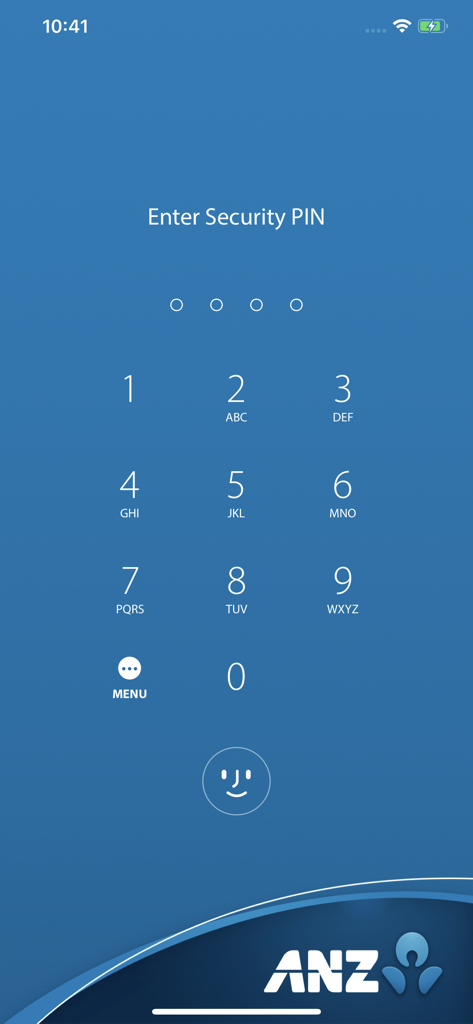 ANZ Direct Auth - ANZ Direct Auth App-Anmeldebildschirm mit numerischer Tastatur für die PIN-Eingabe und Face ID biometrischer Authentifizierungsoption