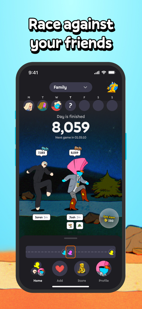 Stompers: Step Counter Friends - A gamified mobile app screen showing a step counter leaderboard where friends race with custom avatars based on their daily walking progress.