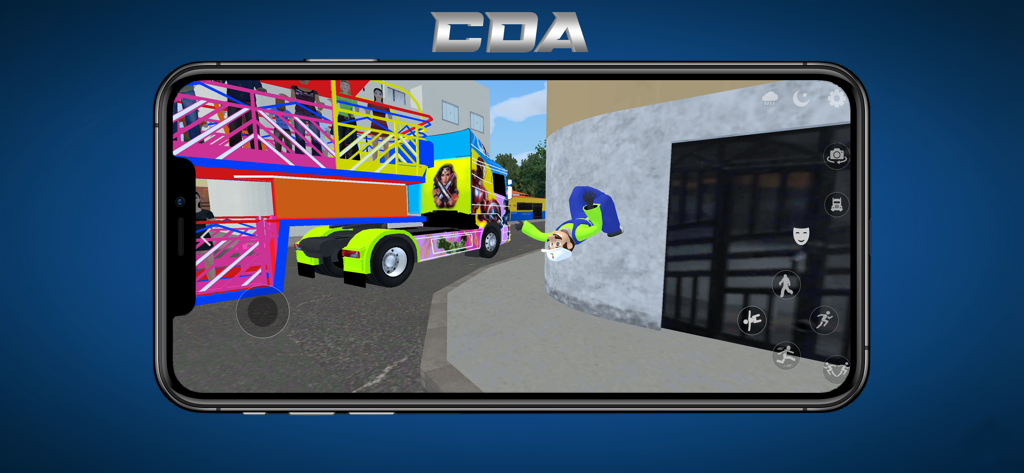 Carreta Da Alegria (Truck) - A character performing a backflip next to a colorful decorated truck in a street simulator.