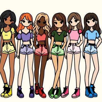 a group of girls wearing crop tops and shorts