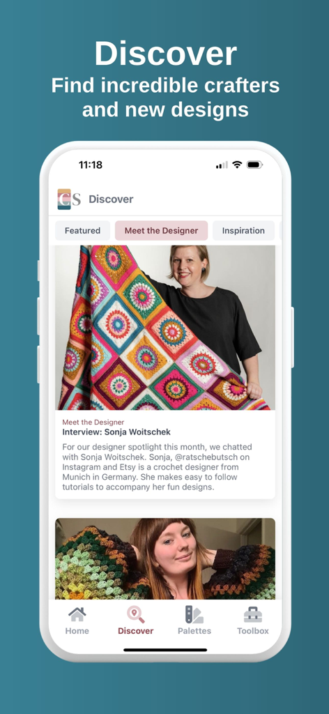 Crochet Studio app Discover screen showing a designer interview and a colorful granny square blanket