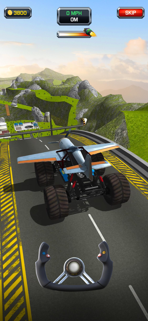 A plane with monster truck wheels on a launch ramp in Crazy Plane Landing
