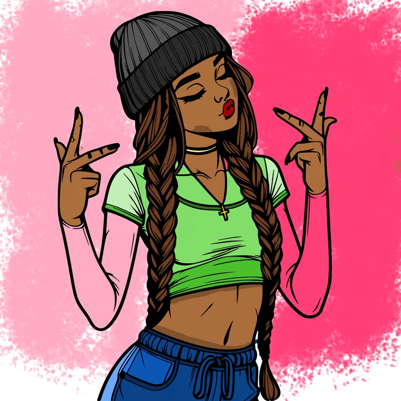 realistic teenage girl with braids and a beanie and crop top doing 🫶🏼