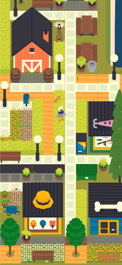 1sland - A top-down view of a colorful and minimalist customized village in 1sland featuring a red barn, decorative shops, and a character in a bunny hat.