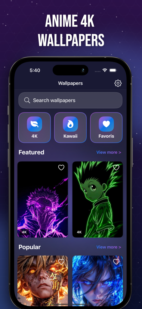 Una interfaz de aplicación móvil que muestra una colección curada de fondos de pantalla de anime de alta definición con categorías como Kawaii y Destacados.