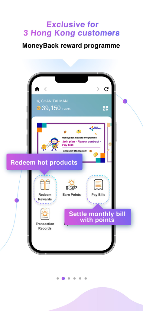 My3 - My3 app interface showing the MoneyBack rewards program with point balance and bill payment options