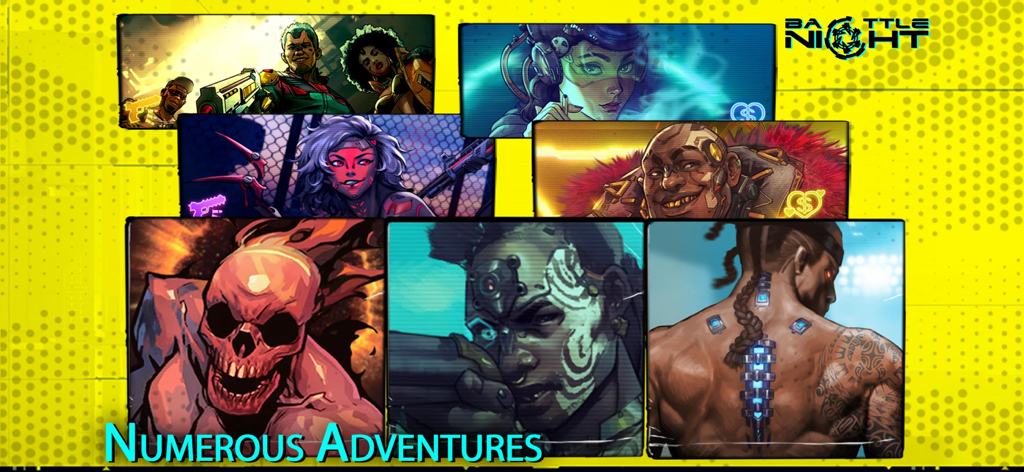 Battle Night - Eine Collage, die verschiedene Cyberpunk-Heldencharaktere aus dem Battle Night-Handyspiel mit der Bildunterschrift Zahlreiche Abenteuer zeigt.