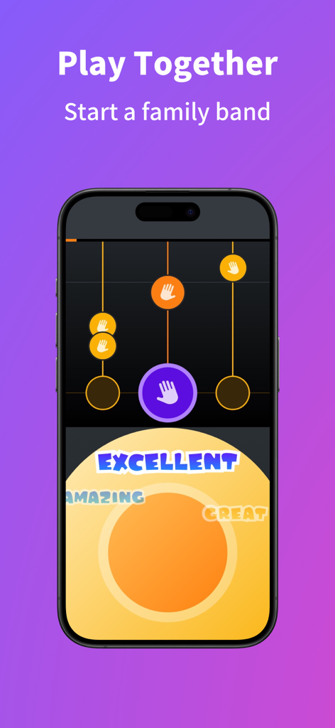Mobile Oberfläche der POP Piano App, die einen gamifizierten Rhythmuslernmodus mit einem Familienband-Thema zeigt