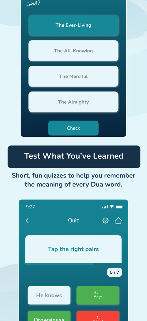 Zikraa app interface showing interactive quizzes for learning the meanings of Arabic Dua and Dhikr words