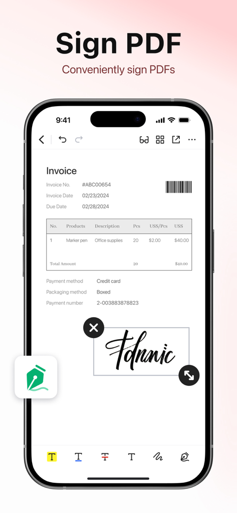PDF Reader - Editor & Scanner - Interface d'une application d'édition PDF montrant une signature numérique appliquée à une facture sur un écran de smartphone