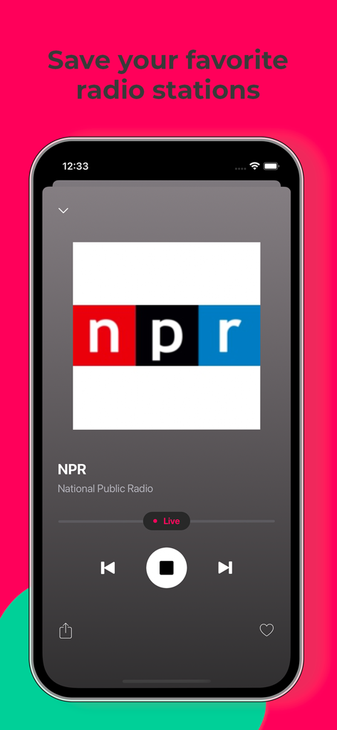 Radiolive · - Interfaccia dell'app Radiolive su un iPhone che mostra una trasmissione in diretta di National Public Radio NPR con controlli di riproduzione
