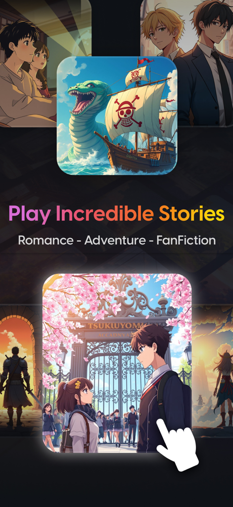 Storia - Play Visual Novels AI - A mobile app screenshot for Storia showing AI generated anime style visual novels across romance adventure and fanfiction genres