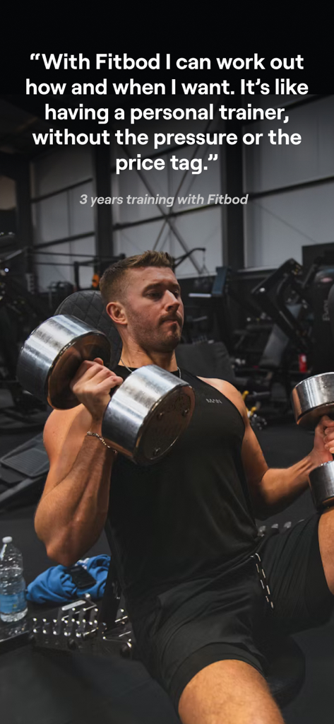 A man lifting dumbbells in a gym with a testimonial quote about Fitbod being like a personal trainer.