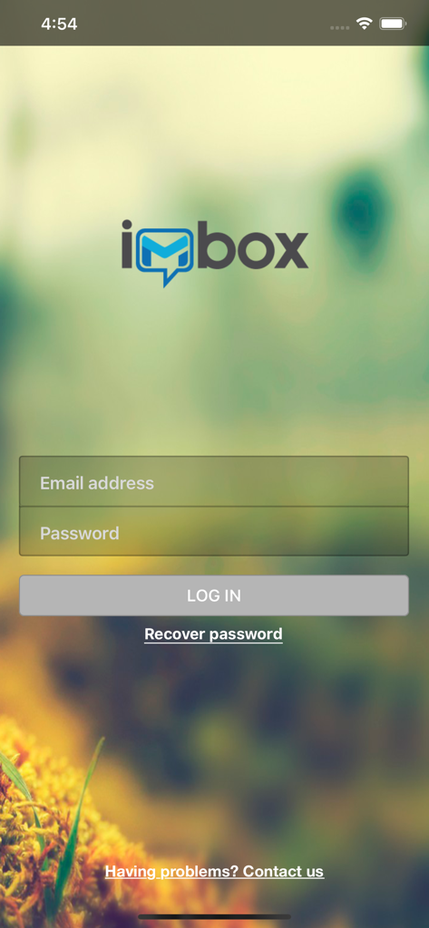 Login screen of the IMBox secure enterprise messaging app featuring email and password input fields and a logo.