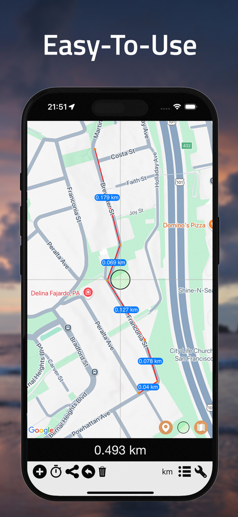 DistanceCalculator - Map tool - Interface de l'application DistanceCalculator montrant un chemin mesuré sur une carte routière