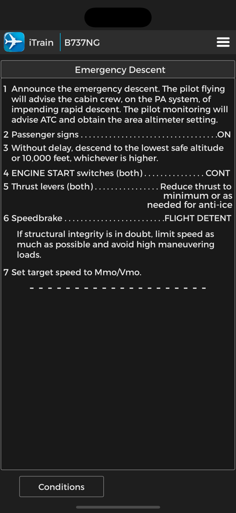 Checkliste für das Notfall-Sinkverfahren für Boeing 737NG Piloten innerhalb der iTrain-App