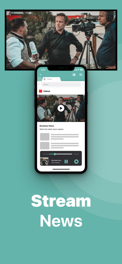 An iPhone screen mirroring a news broadcast video onto a large LG smart TV.