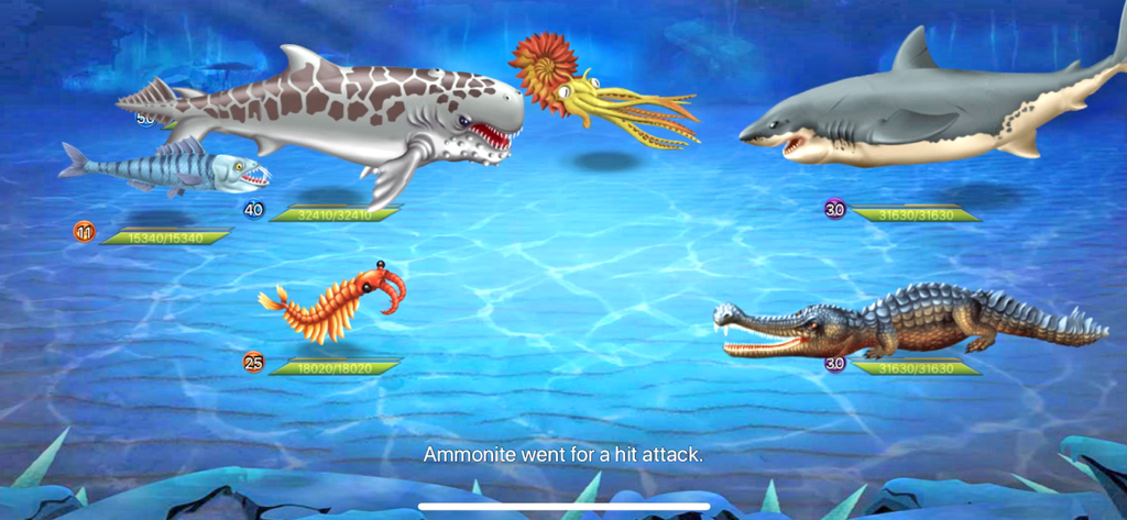 Prehistoric sea creatures and sharks fighting in an underwater battle arena