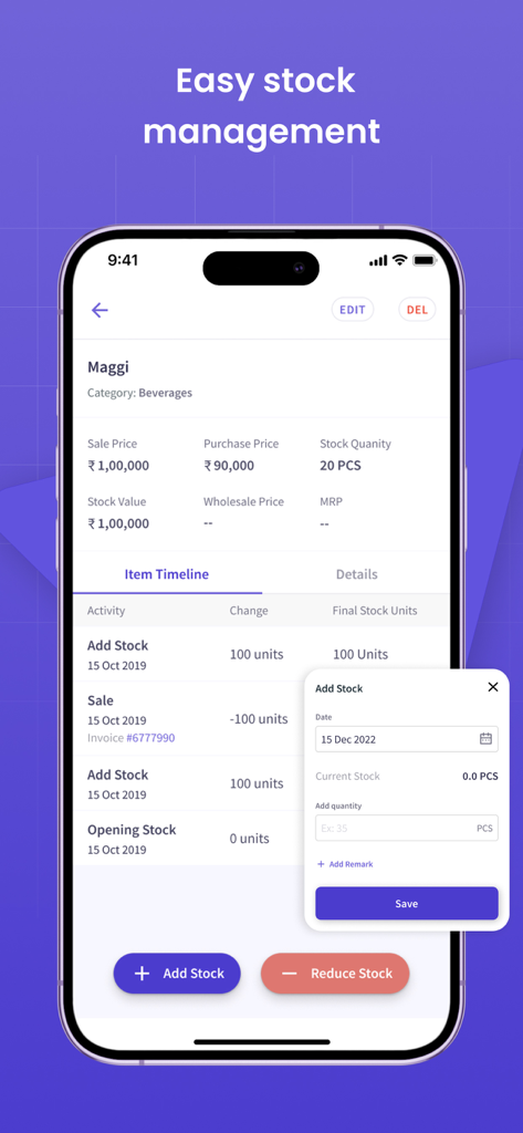 Stock management screen in myBillBook showing item timeline and add stock feature