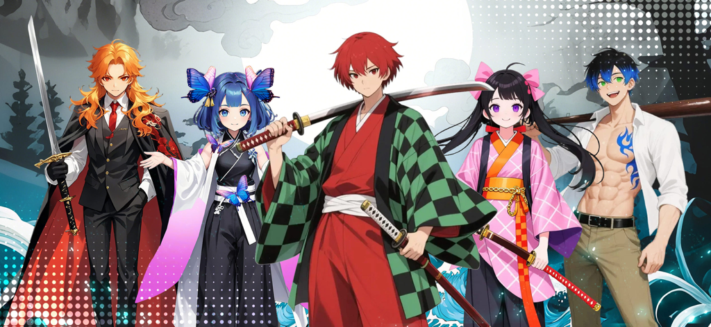 Five anime characters with swords and unique outfits from the game Swordsman Redemption standing together
