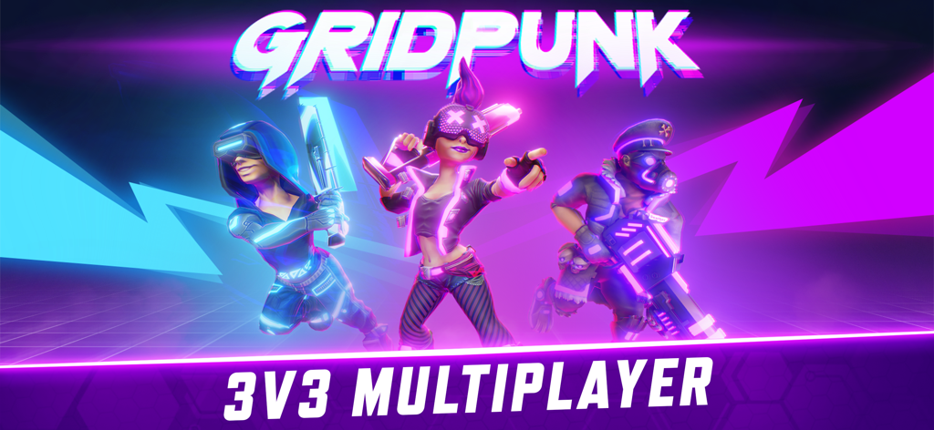 Gridpunk - PvP Battle Arena - Three cyberpunk characters in Gridpunk PvP Battle Arena showing 3v3 multiplayer mode