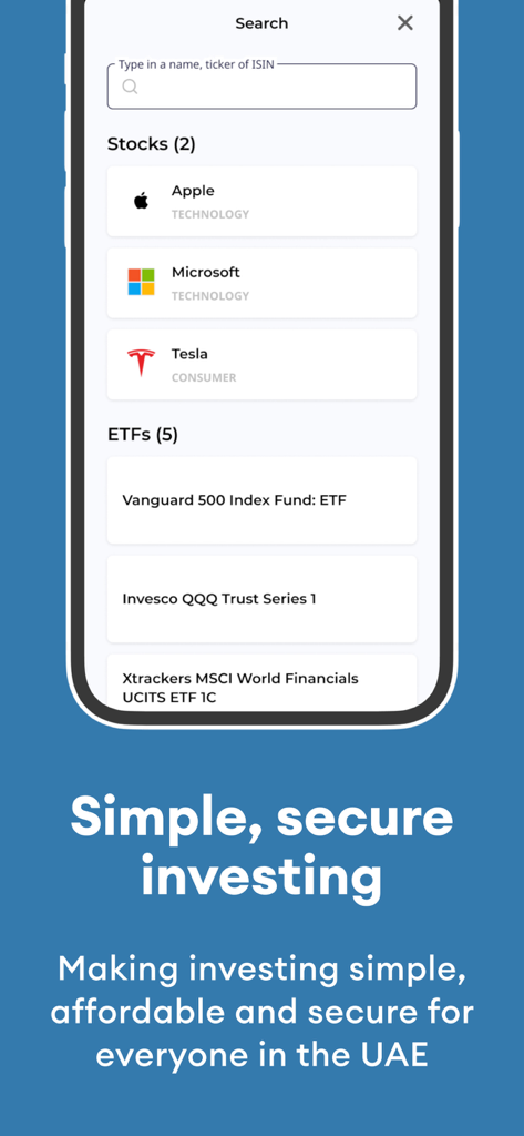 CBD Investr: Stocks Investing - Screenshot der CBD Investr App, die Aktien wie Apple und Microsoft sowie ETF-Optionen für Investoren in den VAE zeigt