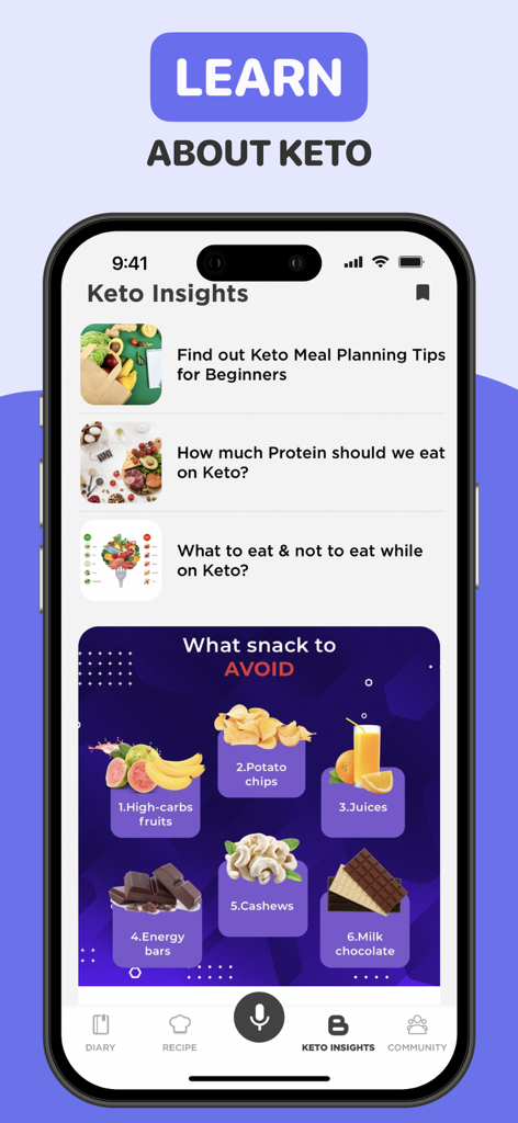 Keto Manager : Carb Diet App - Keto Manager app interface showing dietary tips and snacks to avoid.