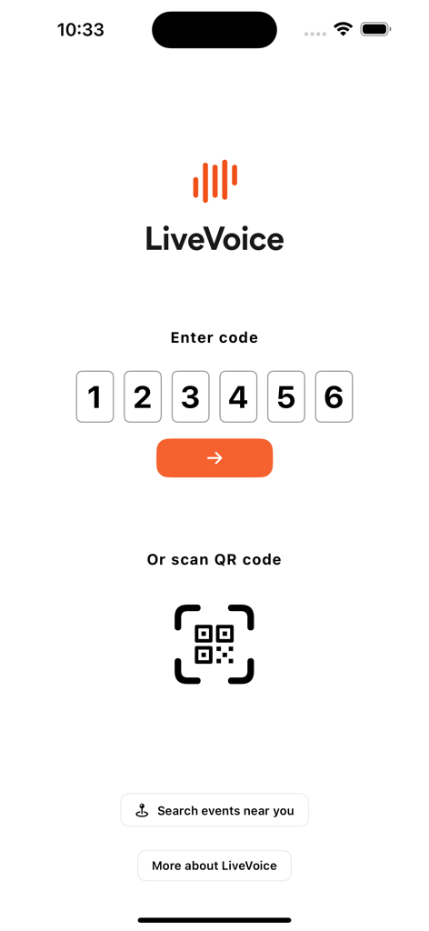 LiveVoice - LiveVoice app interface to enter an event invite code or scan a QR code