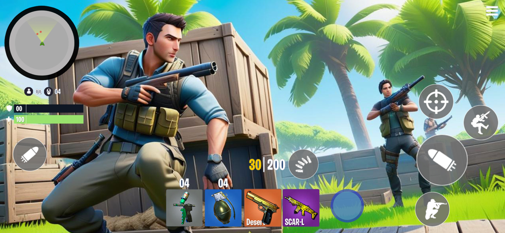 Clash Squads Battle Royale 3D - Gameplay screenshot of Clash Squads Battle Royale 3D featuring characters in a tropical combat arena with on-screen action controls