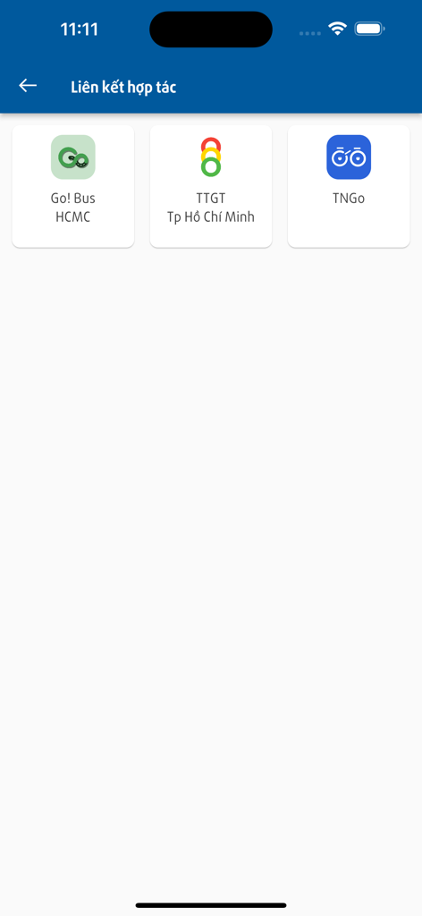 HCMC Metro HURC - バス交通情報やバイクシェアアプリを含むパートナー交通サービスへのリンクを表示するHCMCメトロアプリの画面