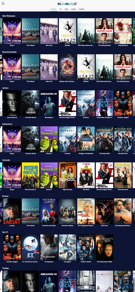 DreamStream by El Al - Interface of the DreamStream by El Al app displaying a wide selection of movies categorized by genre for in-flight entertainment