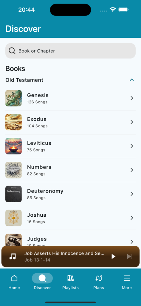 Music Bible: Scripture Songs - The Discover screen of the Music Bible app showing a list of Old Testament books like Genesis and Exodus with song counts for each.