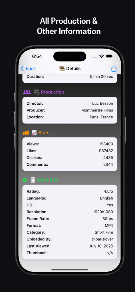 Black Ball 2025 - 제작 정보, 참여 통계 및 기술 메타데이터를 보여주는 Black Ball 2025 앱의 동영상 세부 정보 화면.