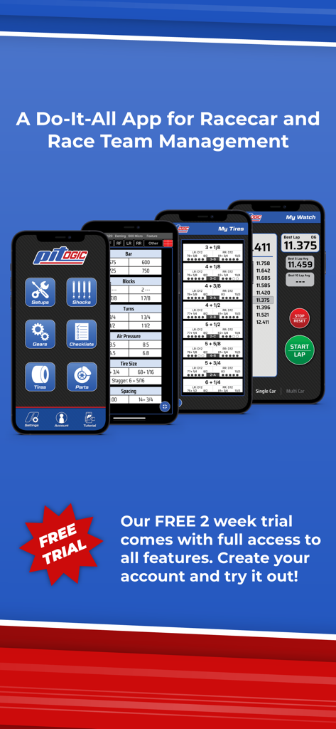 PitLogic - Overview of PitLogic app screens for managing racecar setups tires and lap times