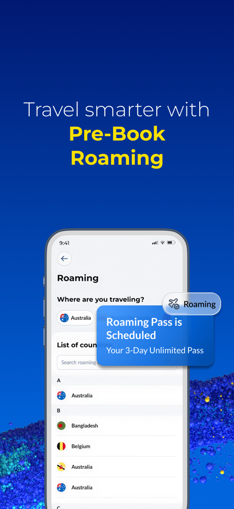 CelcomDigi app interface for scheduling international roaming passes