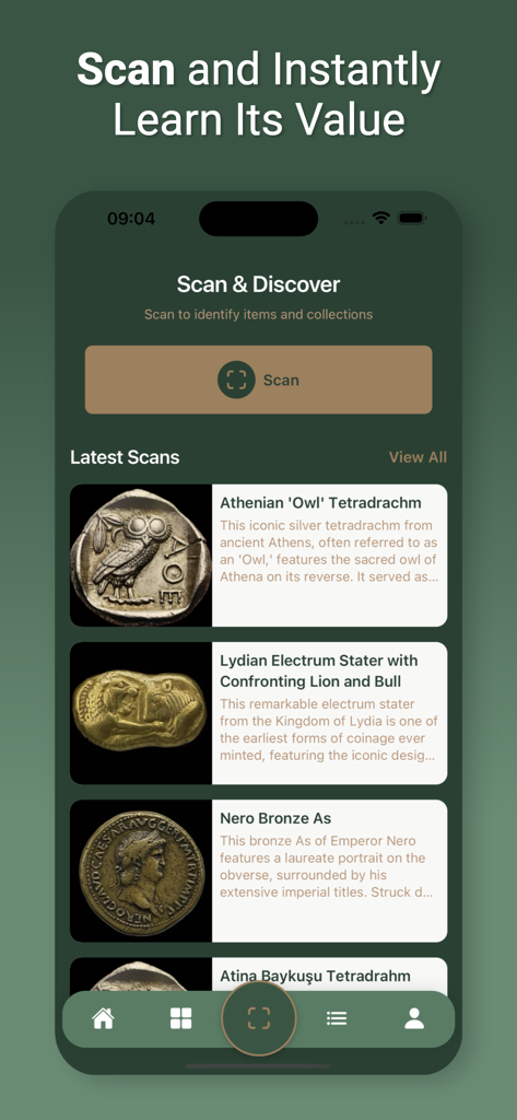 Treasure Hunter X - Interface of the Treasure Hunter X app showing scanned historical coins like the Athenian Owl Tetradrachm and a scan button