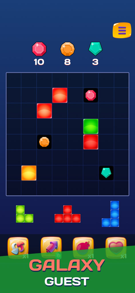 Block Blaster: Puzzle Games - Block Blaster Galaxy Quest mode gameplay featuring a grid with colorful blocks and gem objectives