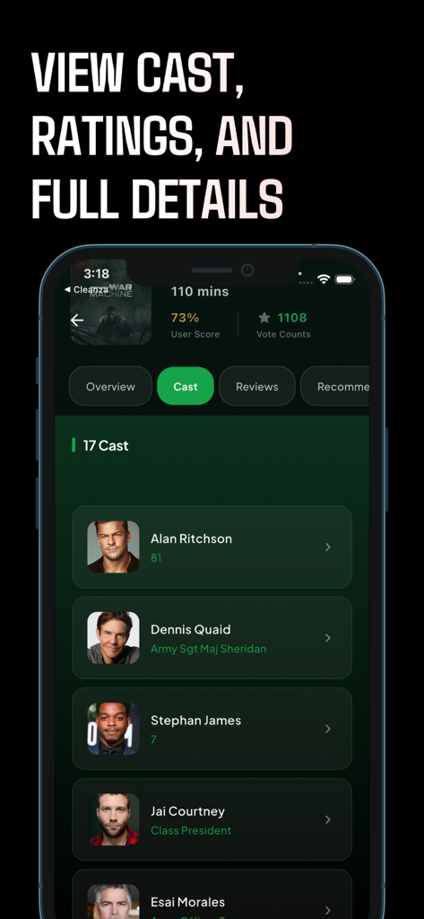 Ein Bildschirm einer mobilen App, der Filmbesetzungsmitglieder und Nutzerbewertungen mit einer grünen und schwarzen Oberfläche anzeigt.
