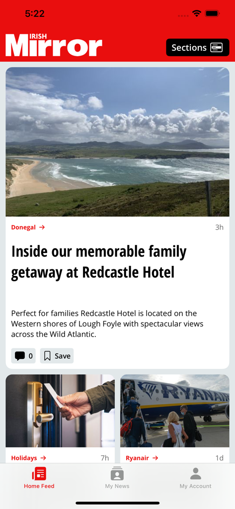 Pantalla de inicio de la aplicación móvil Irish Mirror mostrando artículos de noticias locales y reportajes de viajes