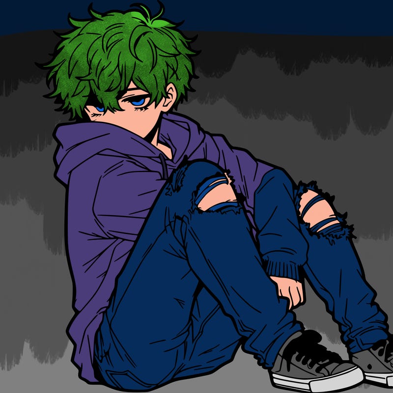 a male hoddie ripped jeans messy hair anime