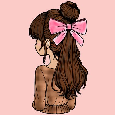 realistic girl  with hip length hair a bun and a big bow on the back of head