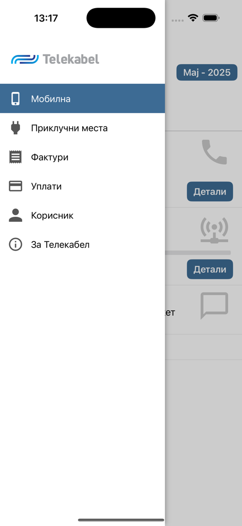 Moj Telekabel - Menu de navegação lateral do aplicativo móvel Moj Telekabel mostrando opções para celular, faturas e pagamentos