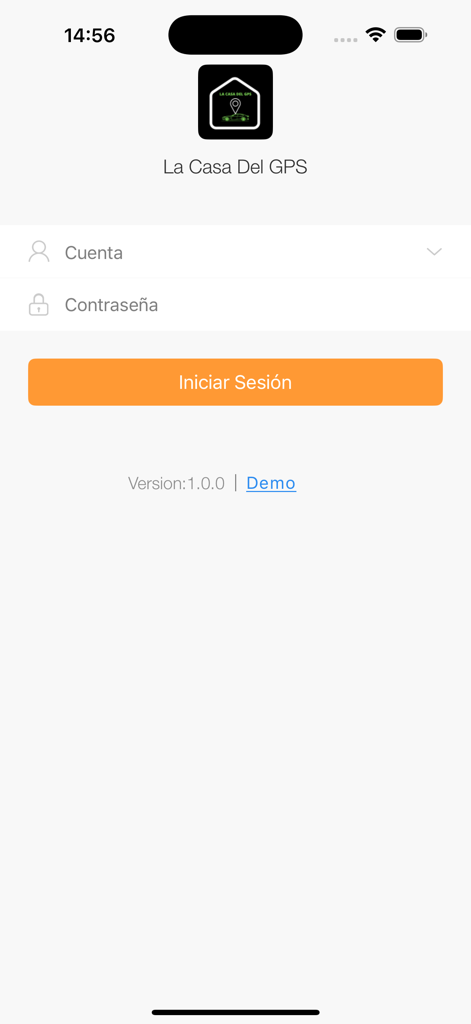 Página de inicio de sesión de la aplicación La Casa Del GPS con campos para cuenta y contraseña y un botón naranja para iniciar sesión