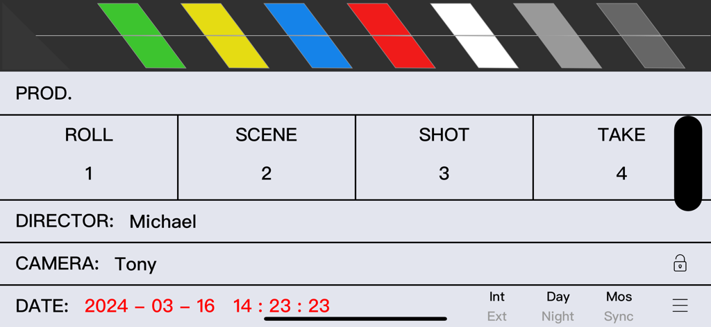 Digital film slate interface of the eSlate app showing production details like roll scene and take